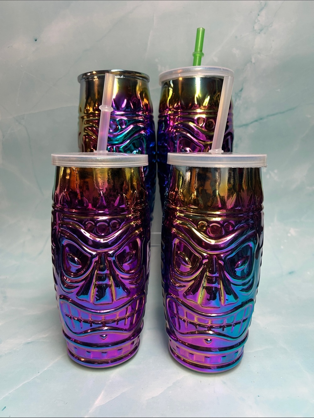 Iridescent Tiki Face glass Travel Tumbler with Straw - Multicolor set of 4